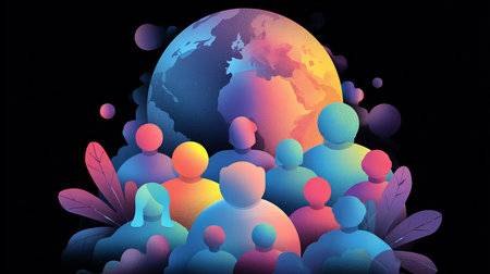 People in front of the planet Earth. Vector illustration. Eps 10の素材