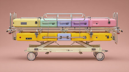 3D rendering of a medical stretcher isolated on a pink backgroundの素材