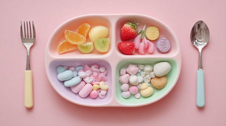 Colorful candies in bowl on pink background, top view.の素材