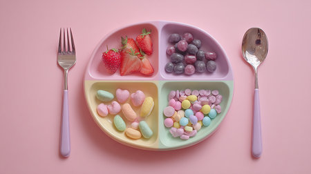 Colorful candies on a pink plate with spoon and fork.の素材