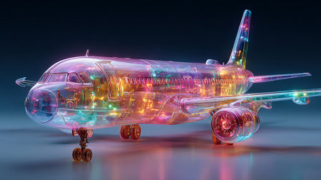 3d rendering of an airplane with colorful lights on a dark backgroundの素材