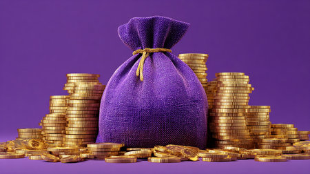 Money bag full of gold coins on a purple background. 3d renderingの素材