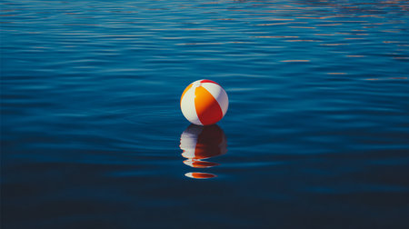 Colorful beach ball floating on the water with reflection in the waterの素材