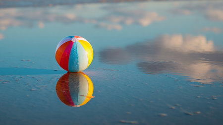 Colorful beach ball on the wet sand with reflection in the waterの素材