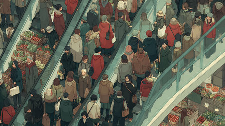 Aerial view of crowd of people walking on escalator in a shopping mallの素材