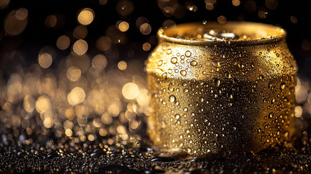 golden tin can with water drops on black background with bokehの素材