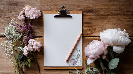 Blank clipboard with flowers on wooden background. Flat lay, top viewの素材