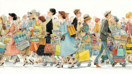 Illustration of a group of people shopping in the city. The concept of shopping.の素材