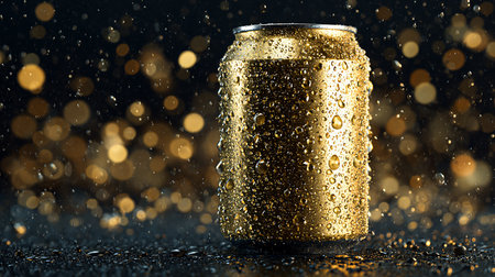 golden soda can with water drops on black background, 3d illustrationの素材