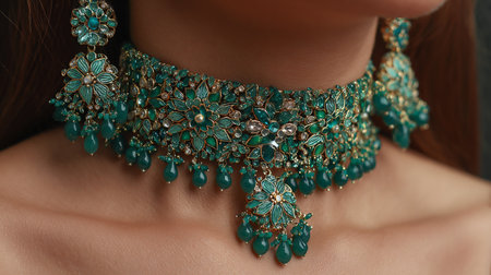 Necklace with turquoise stones on the girl's body.の素材