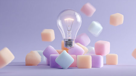 Light bulb and colorful cubes on purple background. 3D rendering.の素材