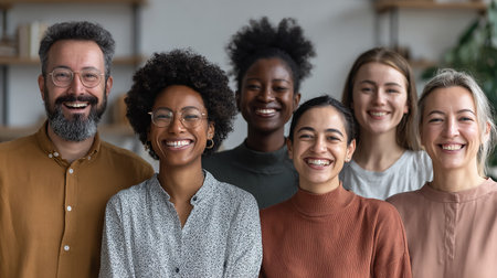 Portrait of diverse group of multiethnic people looking at camera, smiling. Multiethnic group of friends standing together at home. Teamwork conceptの素材
