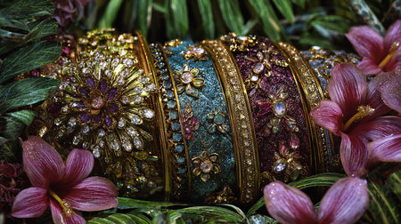 Close up shot of indian bracelets with orchid flowers.の素材