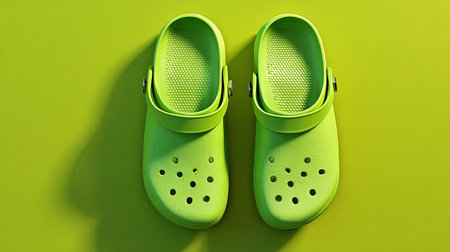 Green slippers on a green background. 3d render illustration.の素材