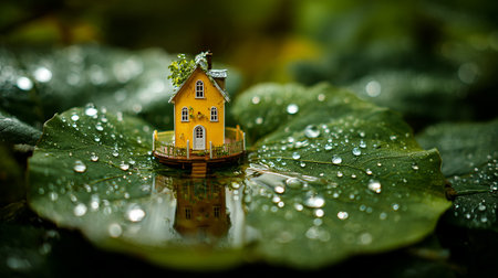 Little house on lotus leaf with water drops. Selective focus.の素材