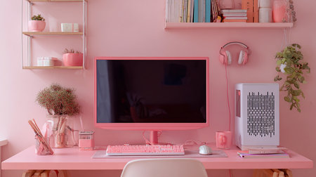 Pink home office with computer and stationery. 3D rendering.の素材