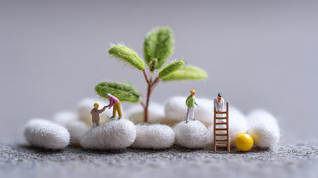 Miniature people : Teamwork concept, Group of people working on white silkworm cocoonsの素材