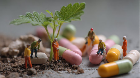 Miniature people : Health care and medical concept. Group of medical workers are taking care of plants.の素材