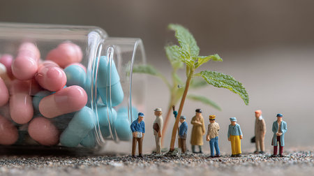 Businessman and businesswoman standing in front of a glass jar with pills and marijuana plant.の素材