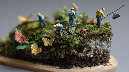 Miniature people : Workers working on a garden with moss and butterflyの素材