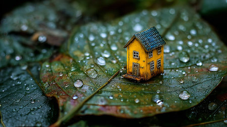 Little house on a green leaf with dew drops in the rainの素材