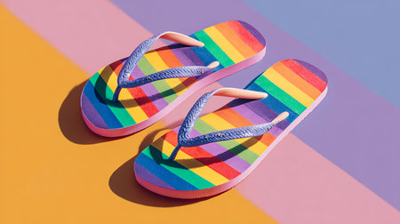 Pair of colorful flip flops on a multicolored backgroundの素材