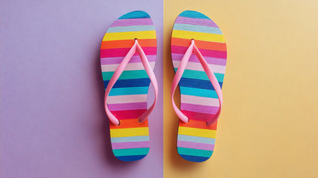 Flip flops on colorful background. Top view. Flat layの素材