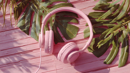 Pink headphones with tropical leaves on pink wooden background. Top view.の素材