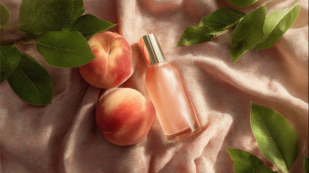 Bottle of perfume, peaches and green leaves on fabric backgroundの素材