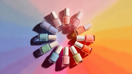 Nail polish bottles on rainbow background. Colorful nail polish bottles.の素材