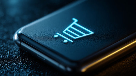 Shopping cart icon on a smartphone. 3D Rendering.の素材