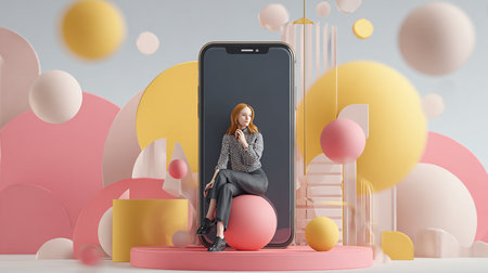 Smartphone with a woman sitting on the platform. 3d renderingの素材