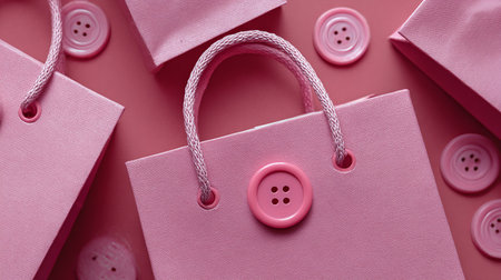 Pink shopping bags with buttons on pink background. Top view. Flat lay.の素材