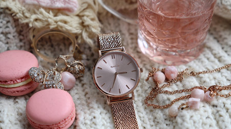 Wristwatch and macaroons on knitted background, closeupの素材