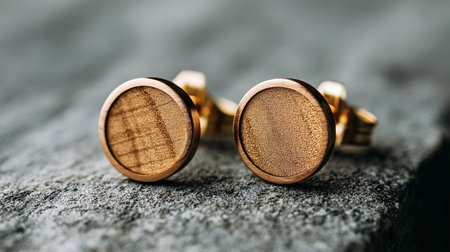 Close up of a pair of gold earrings on a dark backgroundの素材