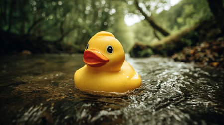 Yellow rubber duck swimming in a stream in the forest. Selective focus. Toned.の素材