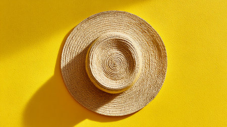 Straw hat on a yellow background. Flat lay, top viewの素材