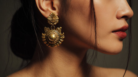 Close up portrait of beautiful young woman with luxury earring. Fashion shot.の素材