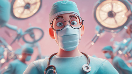 Surgeon in mask and glasses with stethoscope in operating roomの素材