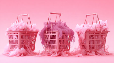 Plastic shopping baskets on a pink background. Toned image.の素材
