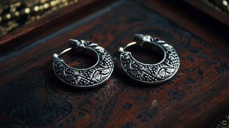 Silver earrings on a wooden box, close-up, selective focusの素材