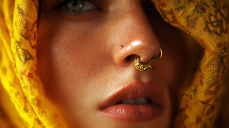 Close-up portrait of a beautiful girl with a yellow scarf.の素材