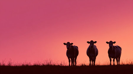 Three cows in the meadow at sunset with red sky background.の素材