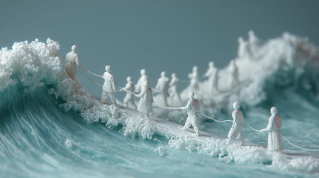 Teamwork concept. Silhouettes of people on the waves.の素材