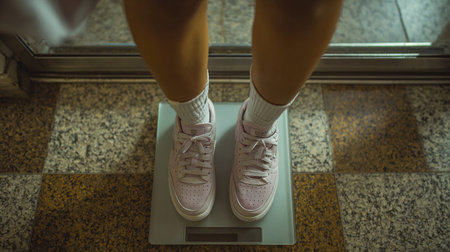 Low section of young woman standing on scales in fitness center. Sport and healthy lifestyle conceptの素材