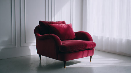 red armchair with pillows on the floor in the white roomの素材