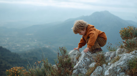 Little boy sitting on a cliff and looking at the mountain landscape.の素材