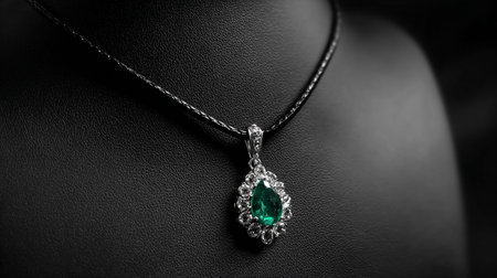 necklace with green emerald on a black background close-upの素材
