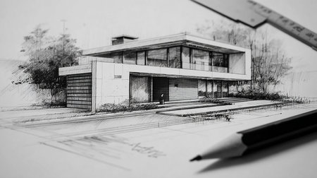 Architectural project of a modern house. Black and white.の素材