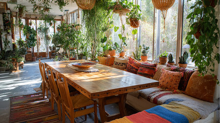 Interior of a cozy terrace with wooden table and chairs.の素材